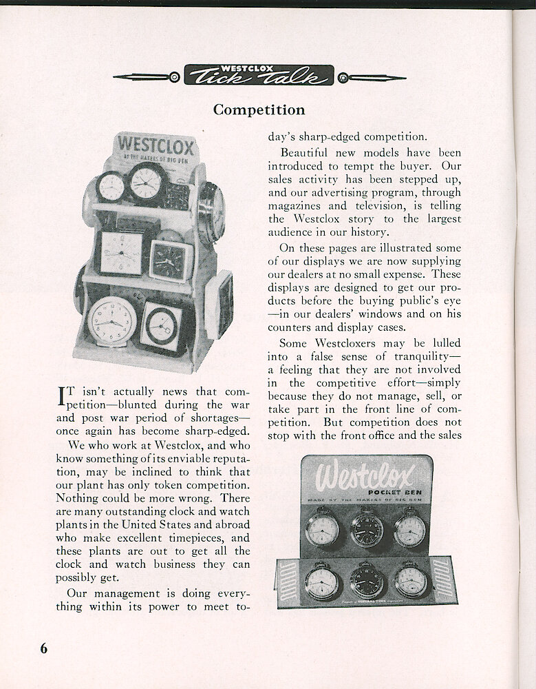 Westclox Tick Talk, February 1955, Vol. 40 No. 2 > 6. Marketing: "Competition" Shows Electric Clock Display And Watch Display.