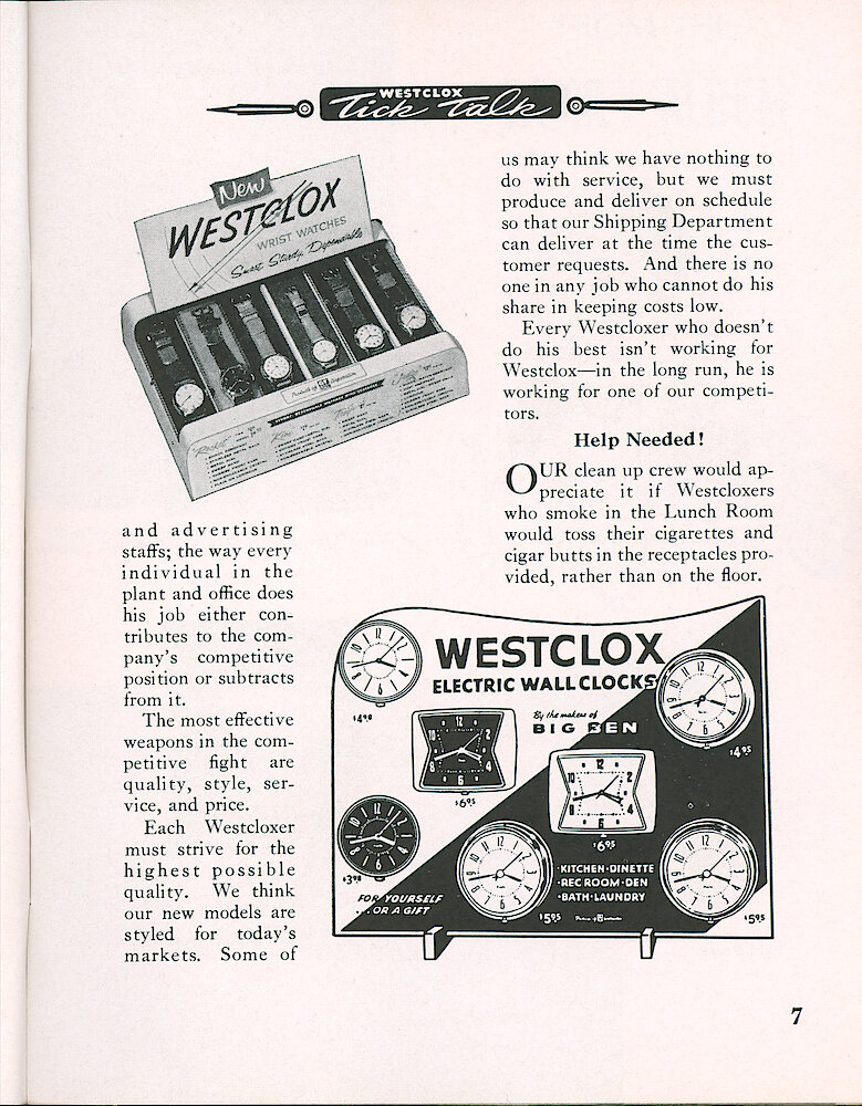 Westclox Tick Talk, February 1955, Vol. 40 No. 2 > 7. Marketing: Shows Wrist Watch Display And Electric Wall Clock Display.