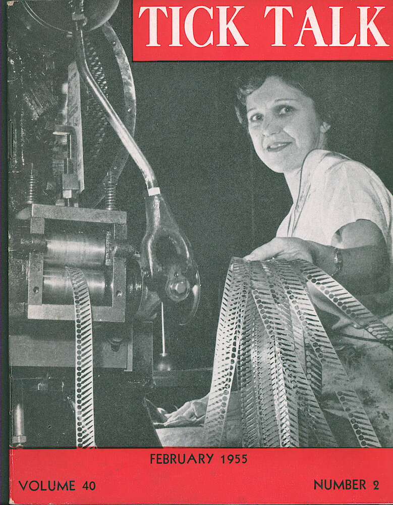 Westclox Tick Talk, February 1955, Vol. 40 No. 2 > F. Manufacturing: Pearl Dutch Holds Hands She Made In The Power Press Department (caption On Page 1).