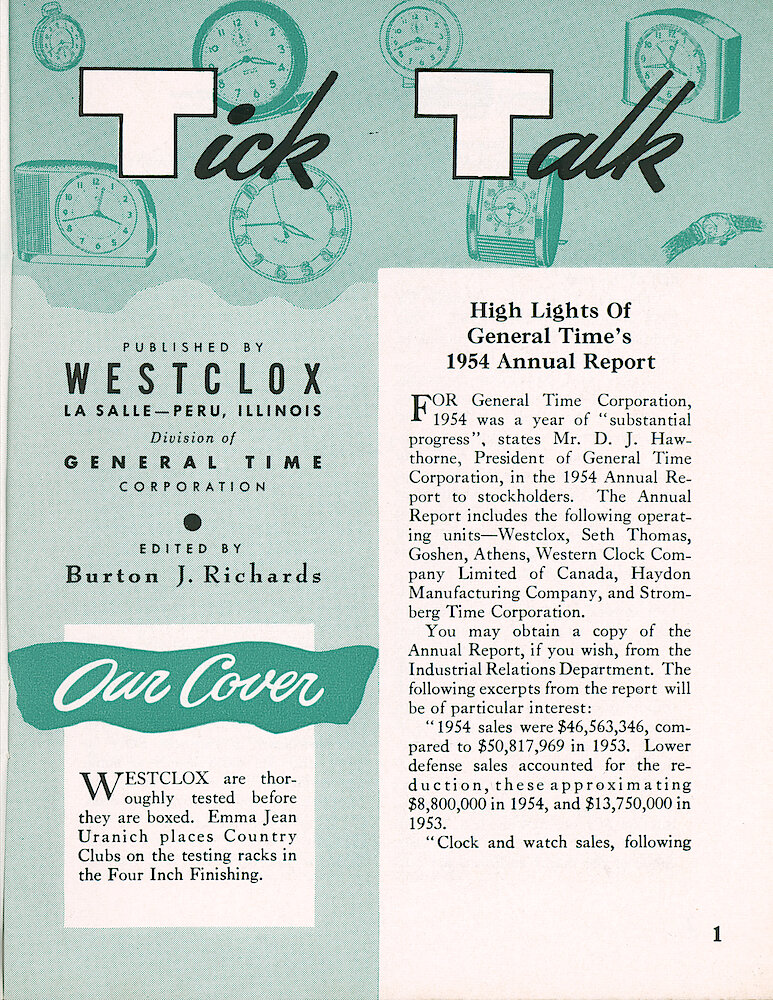 Westclox Tick Talk, March 1955, Vol. 40 No. 3 > 1. Cover Caption: Emma Jean Uranich Places Country Clubs On The Testing Racks In Four Inch Finishing. CORPORATE: High Lights Of General Time&039;s 1954 Annual Report.