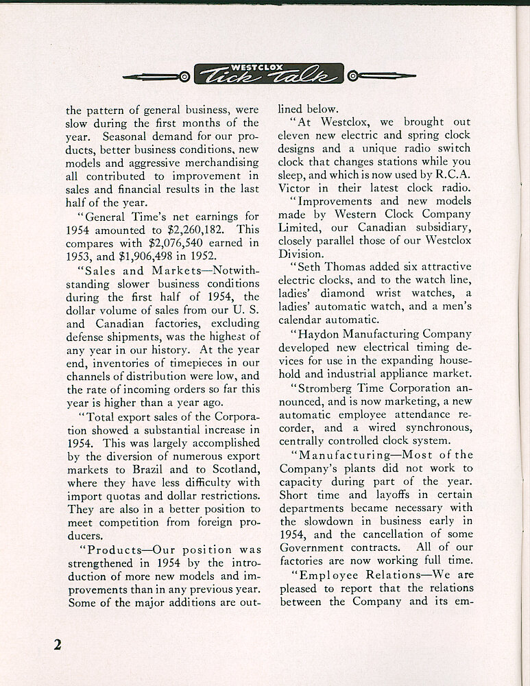 Westclox Tick Talk, March 1955, Vol. 40 No. 3 > 2. Corporate: High Lights Of General Time&039;s 1954 Annual Report.