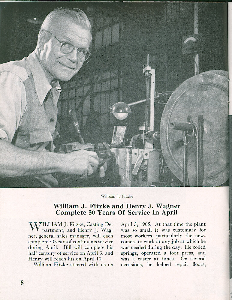 Westclox Tick Talk, March 1955, Vol. 40 No. 3 > 8. Personnel: William J. Fitzke And Henry J. Wagner Complete 50 Years Of Service.