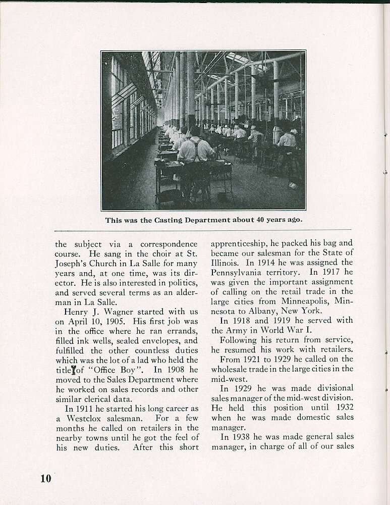 Westclox Tick Talk, March 1955, Vol. 40 No. 3 > 10. Personnel: William J. Fitzke And Henry J. Wagner Complete 50 Years Of Service. HISTORICAL PICTURE: The Casting Department 50 Years Ago.