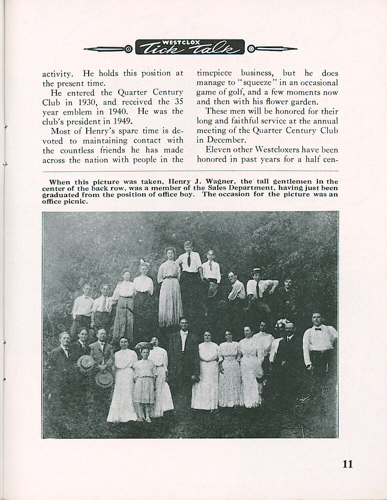 Westclox Tick Talk, March 1955, Vol. 40 No. 3 > 11. Personnel: William J. Fitzke And Henry J. Wagner Complete 50 Years Of Service. HISTORICAL PICTURE: Henry Wagner And Others At An Office Picnic.