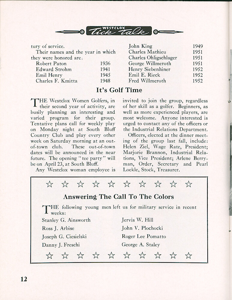 Westclox Tick Talk, March 1955, Vol. 40 No. 3 > 12. Personnel: William J. Fitzke And Henry J. Wagner Complete 50 Years Of Service. PERSONNEL: List Of Westclox Employees Who Reached 50 Years Of Service.