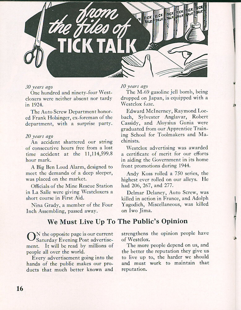 Westclox Tick Talk, March 1955, Vol. 40 No. 3 > 16. Marketing: Advertisement Caption: "We Must Live Up To The Public&039;s Opinion" On The Next Page Is Our Current Saturday Evening Post Ad.