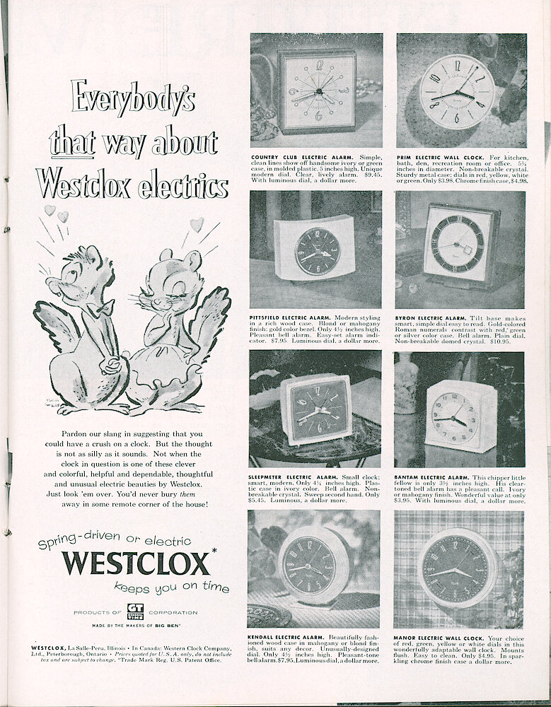 Westclox Tick Talk, March 1955, Vol. 40 No. 3 > 17. Advertisement: "Everybody&039;s That Way About Westclox Electrics" Shows Country Club Electric Alarm, Prim Electric Wall Clock, Pittsfield Electric Alarm, Byron Electric Alarm, Sleepmeter Electric Alarm, Bantam Electric Alarm, Kendall Electric Alarm And Manor Electric Wall Clock. Saturday Evening ... 