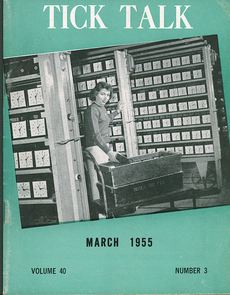 Westclox Tick Talk, March 1955, Vol. 40 No. 3 > F. Manufacturing: Emma Jean Uranich Places Country Clubs On The Testing Racks In Four Inch Finishing (caption On Page 1).