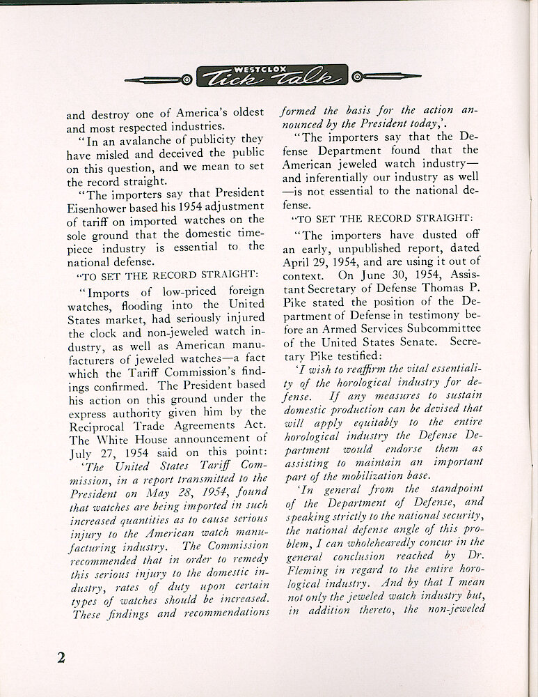 Westclox Tick Talk, April 1955, Vol. 40 No. 4 > 2. Corporate: "The American Clock & Watch Non-Jeweled Industry Speaks Out"