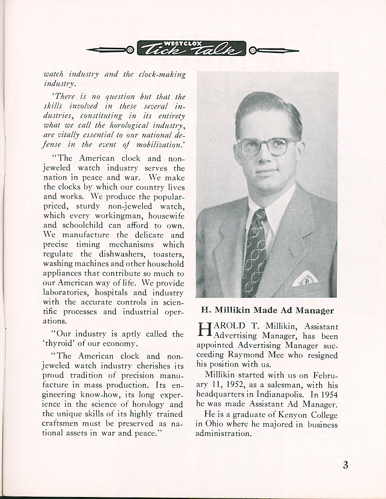 Westclox Tick Talk, April 1955, Vol. 40 No. 4 > 3. Corporate: "The American Clock & Watch Non-Jeweled Industry Speaks Out"