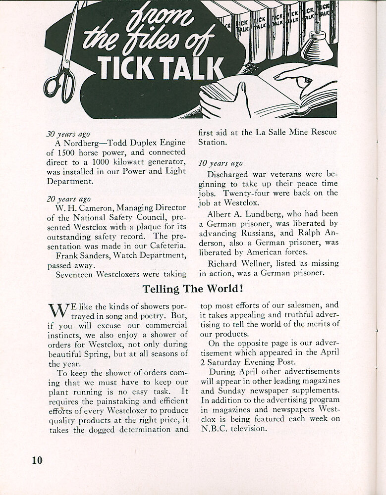 Westclox Tick Talk, April 1955, Vol. 40 No. 4 > 10. Marketing: Advertisement Caption: "Telling The World" Our April 2, 1955 Saturday Evening Post Ad Is On The Next Page.