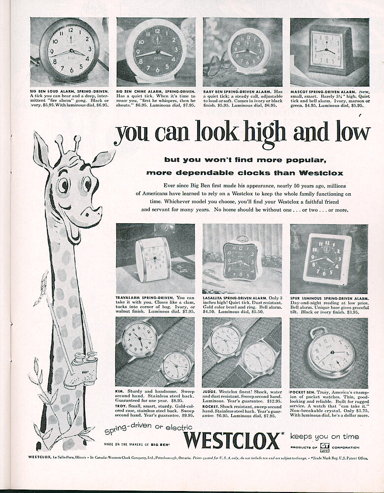 Westclox Tick Talk, April 1955, Vol. 40 No. 4 > 11. Advertisement: "You Can Look High And Low But You Won&039;t Find More Popular, More Dependable Clocks Than Westclox" April 2, 1955 Saturday Evening Post Ad. Shows Big Ben Loud Alarm And Chime Alarm, Baby Ben, Mascot Spring-driven Alarm, Travalarm, La Sallita Spring-driven Alarm, Spur Luminous, Wrist ... 