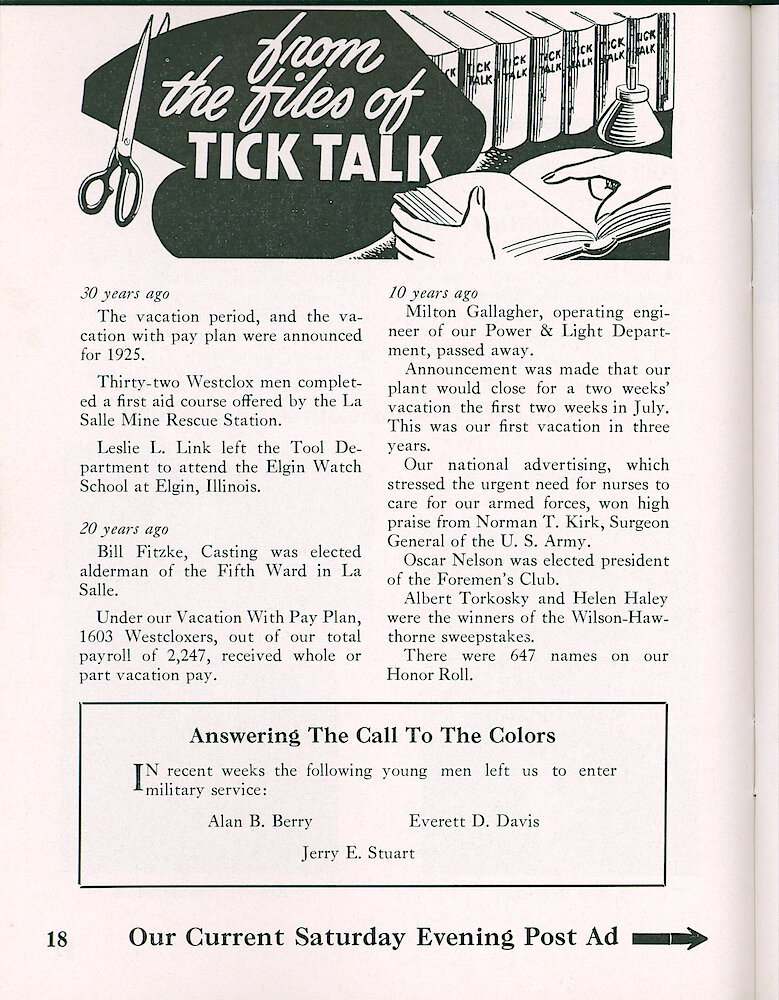 Westclox Tick Talk, May 1955, Vol. 40 No. 5 > 18. Advertisement Caption: "Our Current Saturday Evening Post Ad" Is On The Next Page.