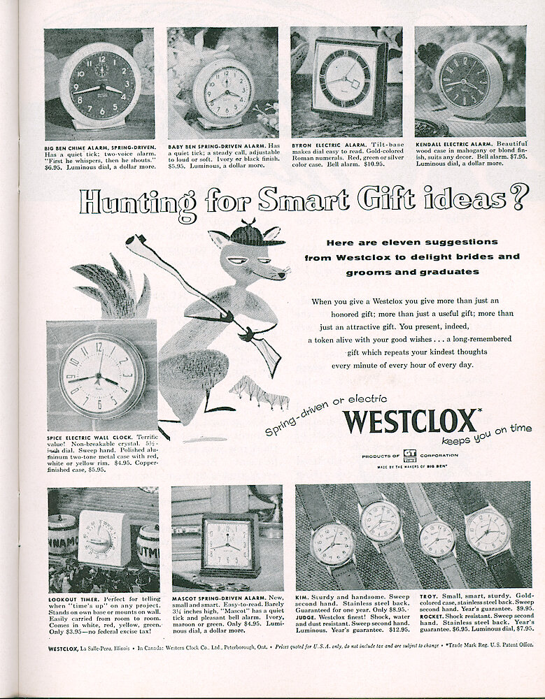 Westclox Tick Talk, May 1955, Vol. 40 No. 5 > 19. Advertisement: "Hunting For Smart Gift Ideas" Shows Big Ben Chime Alarm, Baby Ben, Byron Electric, Kendall Electric, Spice Electric Wall Clock, Lookout Timer, Mascot Alarm, Wrist Watches Kim, Judge, Troy And Rocket. Saturday Evening Post.