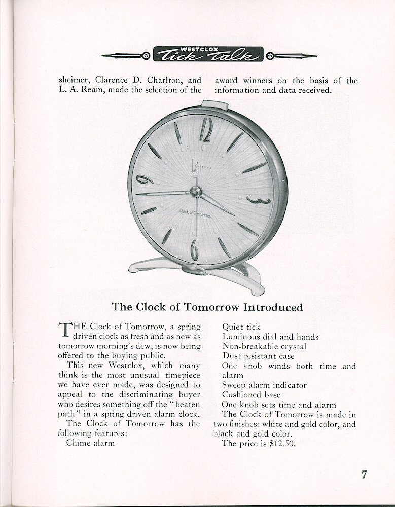 Westclox Tick Talk, JuneJuly 1955, Vol. 40 No. 6 > 7. New Model: Clock Of Tomorrow. Two Finishes: White And Gold; Black And Gold; $12.95