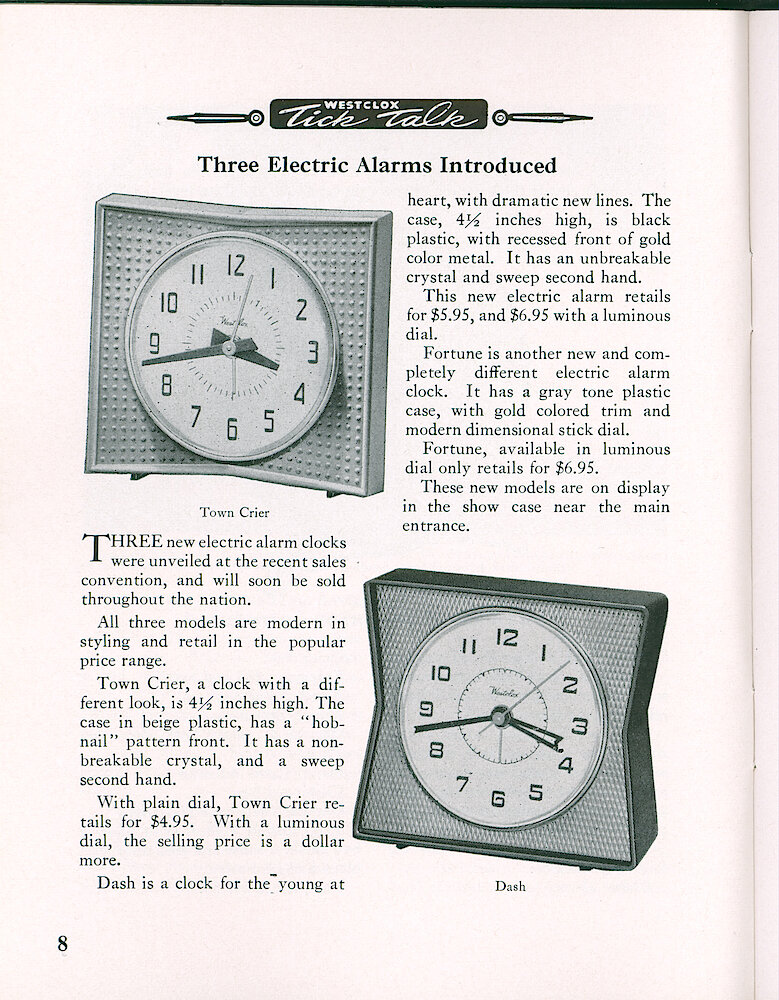 Westclox Tick Talk, JuneJuly 1955, Vol. 40 No. 6 > 8. New Models: Town Crier Electric Alarm Clock, $4.95 Plain, $5.95 Luminous; Dash Electric Alarm Clock, $5.95 Plain, $6.95 Luminous; Fortune Electric Alarm Clock, $6.95 Luminous (see Page 9 For Picture).