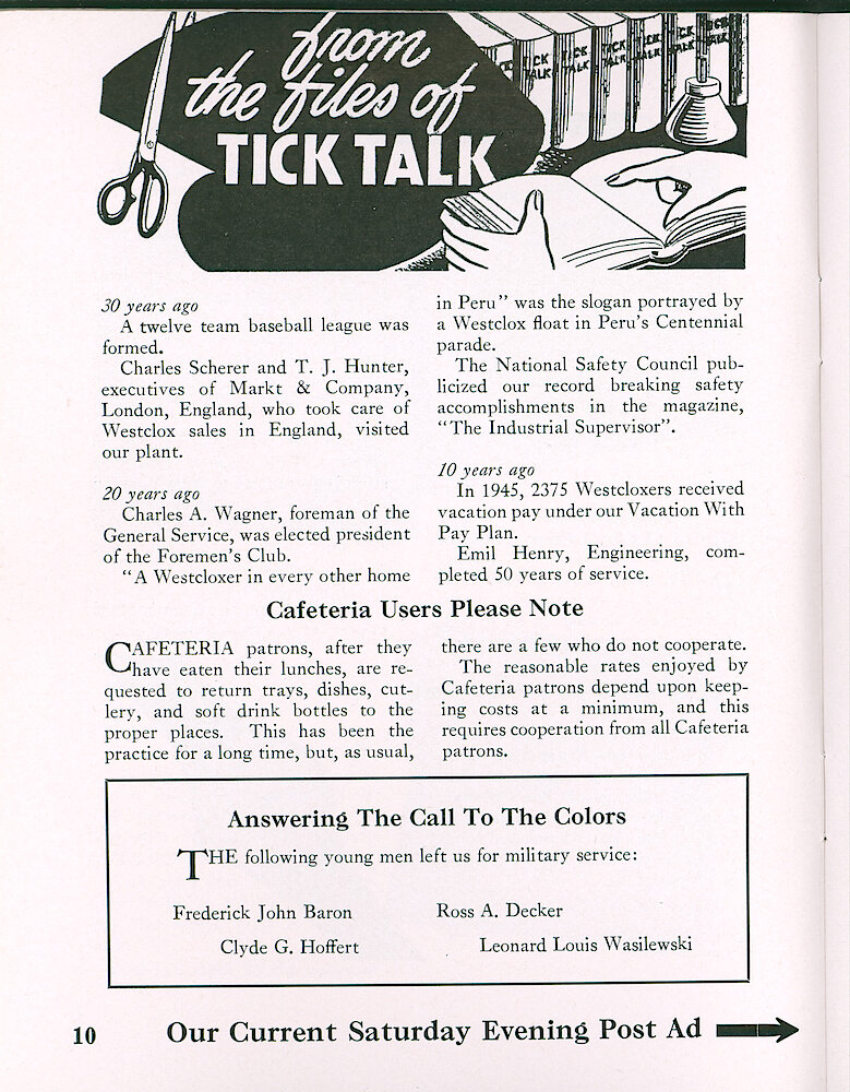 Westclox Tick Talk, JuneJuly 1955, Vol. 40 No. 6 > 10. Advertisement Caption: "Our Current Saturday Evening Post Ad" Is On The Next Page.