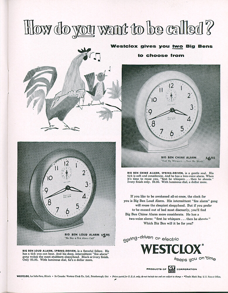 Westclox Tick Talk, JuneJuly 1955, Vol. 40 No. 6 > 11. Advertisement: "How Do You Want To Be Called Westclox Gives You Two Big Bens To Choose From" Saturday Evening Post.