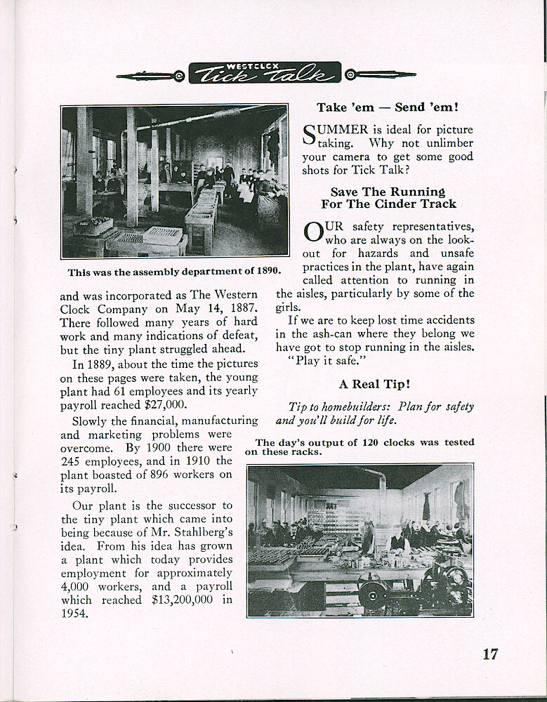 Westclox Tick Talk, JuneJuly 1955, Vol. 40 No. 6 > 17. Historical Article: Historical Pictures: "From Ideas Come Great Things" Early Westclox History Starting With Charles Stahlberg. United Clock Company Incorporated December 23, 1885; Western Clock Company Incorporated May 14, 1887; (does Not Mention The Western Clock Mfg. Co. Incorporated July ... 