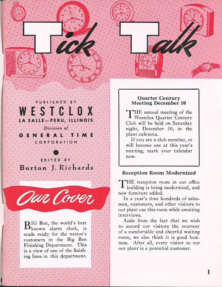 Westclox Tick Talk, August 1955, Vol. 40 No. 7 > 1. Cover Caption: Big Ben Loud Alarm (Style 6) Black Luminous On A Finishing Line In The Big Ben Finishing Department.