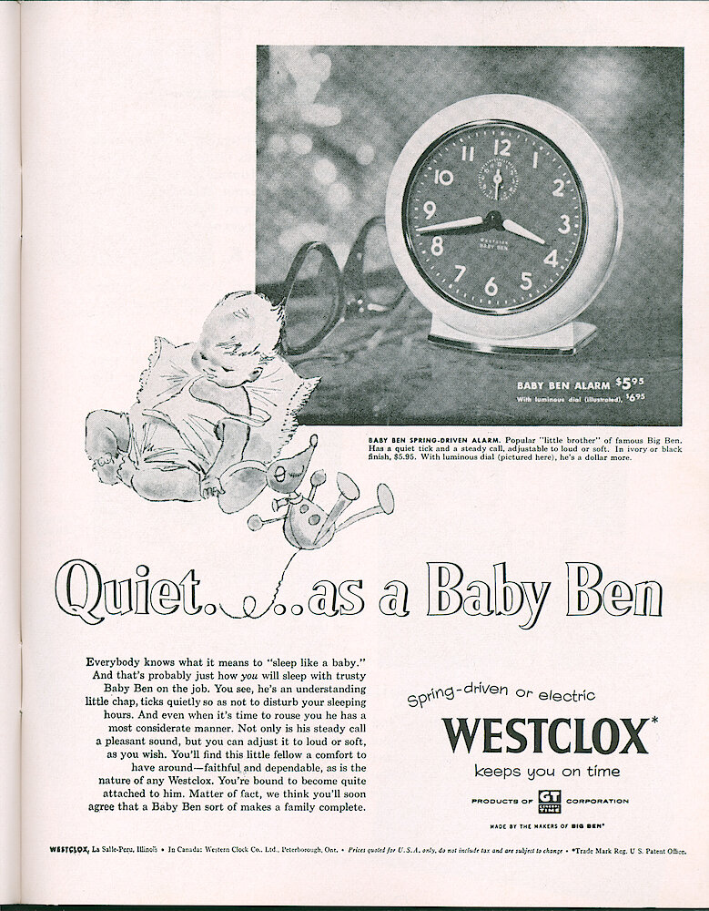 Westclox Tick Talk, August 1955, Vol. 40 No. 7 > 13. Advertisement: "Quiet . . . As A Baby Ben" Saturday Evening Post.