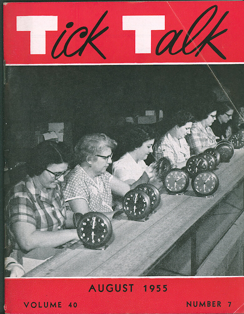 Westclox Tick Talk, August 1955, Vol. 40 No. 7 > F. Manufacturing: Big Ben Loud Alarm (Style 6) Black Luminous On A Finishing Line In The Big Ben Finishing Department (caption On Page 1).