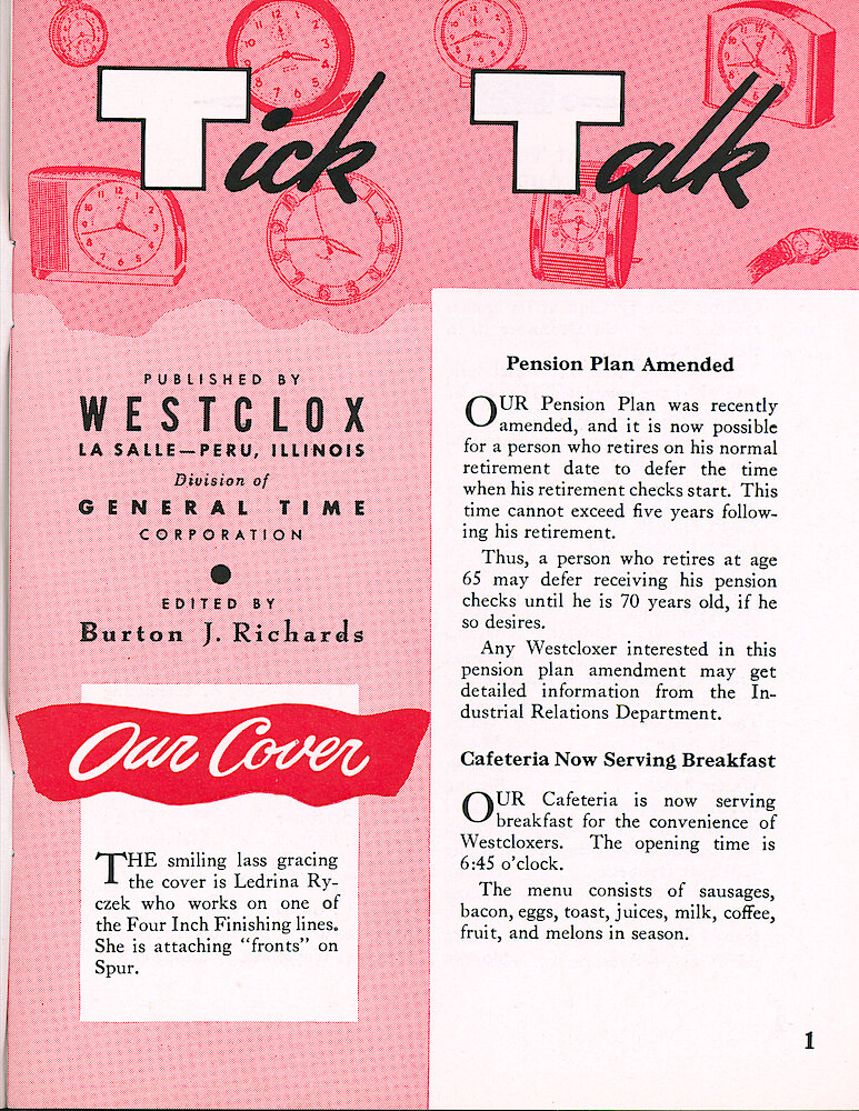 Westclox Tick Talk, September 1955, Vol. 40 No. 8 > 1. Cover Caption: Ledrina Ryczek Of Four Inch Finishing Is Attaching "fronts" On Spur Alarm Clock.