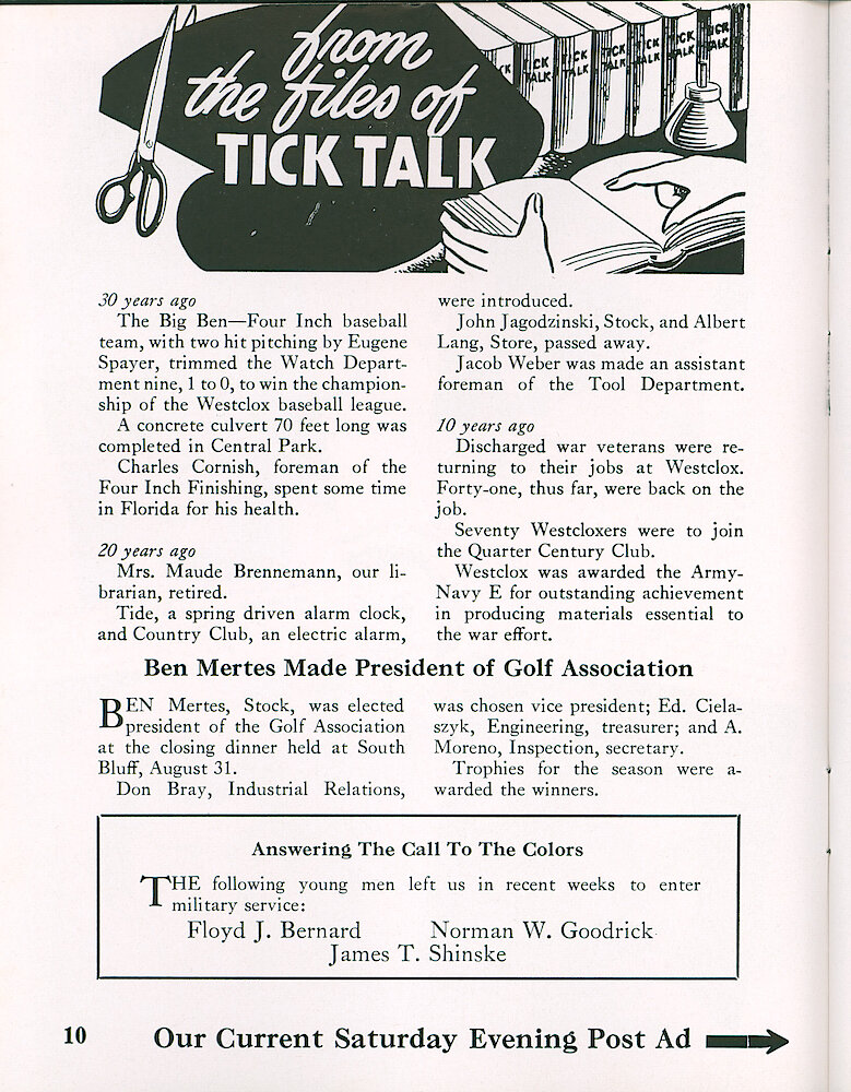 Westclox Tick Talk, September 1955, Vol. 40 No. 8 > 10. Advertisement Caption: "Our Current Saturday Evening Post Ad" Is On The Next Page.