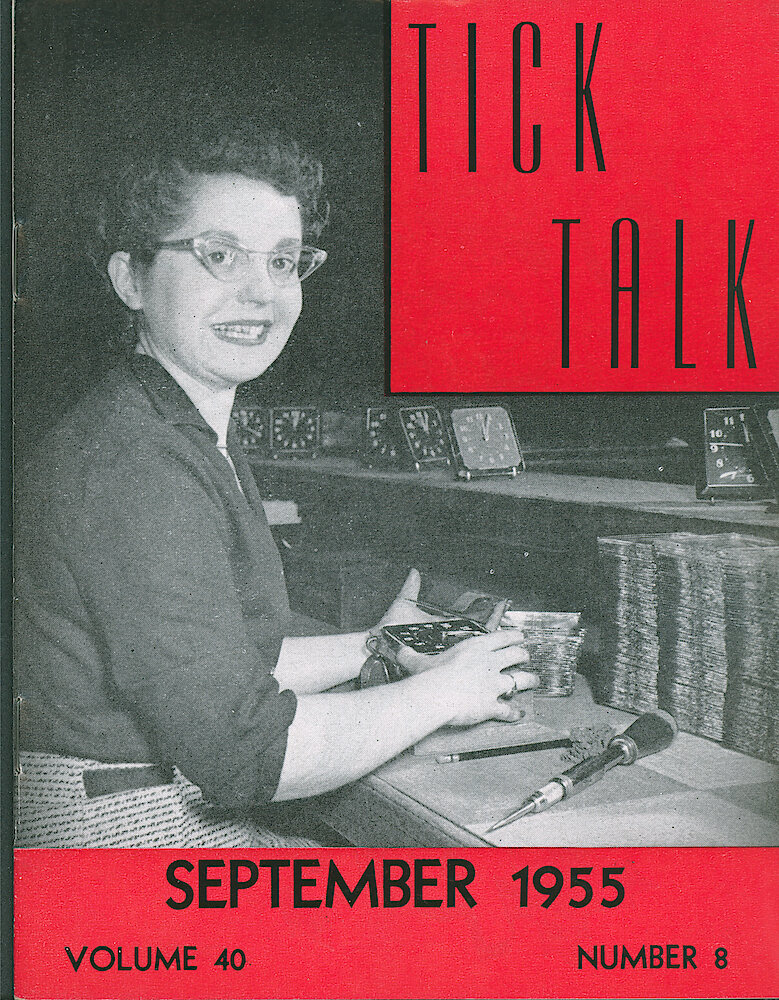 Westclox Tick Talk, September 1955, Vol. 40 No. 8 > F. Manufacturing: Ledrina Ryczek Of Four Inch Finishing Is Attaching "fronts" On Spur Alarm Clock (caption On Page 1).