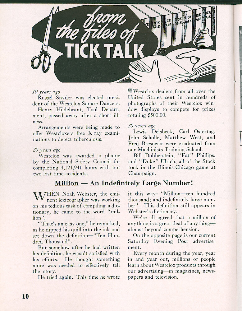 Westclox Tick Talk, October 1955, Vol. 40 No. 9 > 10. Marketing: Advertisement Caption: "Million—An Indefinitely Large Number" On The Next Page Is Our Current Saturday Evening Post Ad.