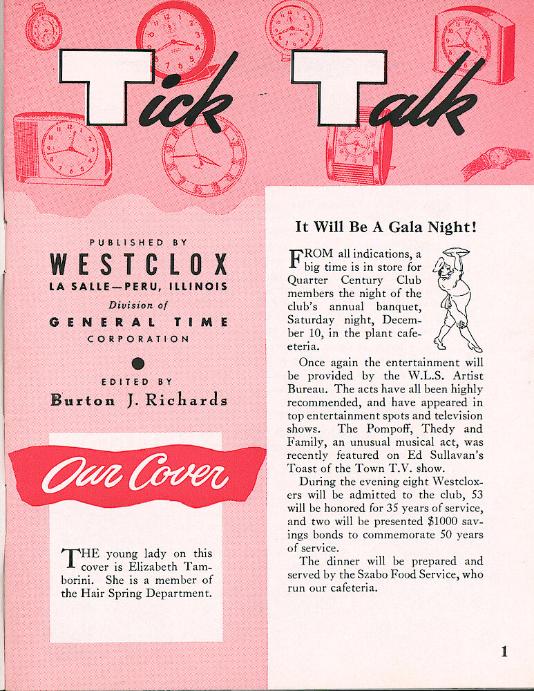 Westclox Tick Talk, November 1955, Vol. 40 No. 10 > 1. Cover Caption: Elizabeth Tamborini Of The Hair Spring Department.