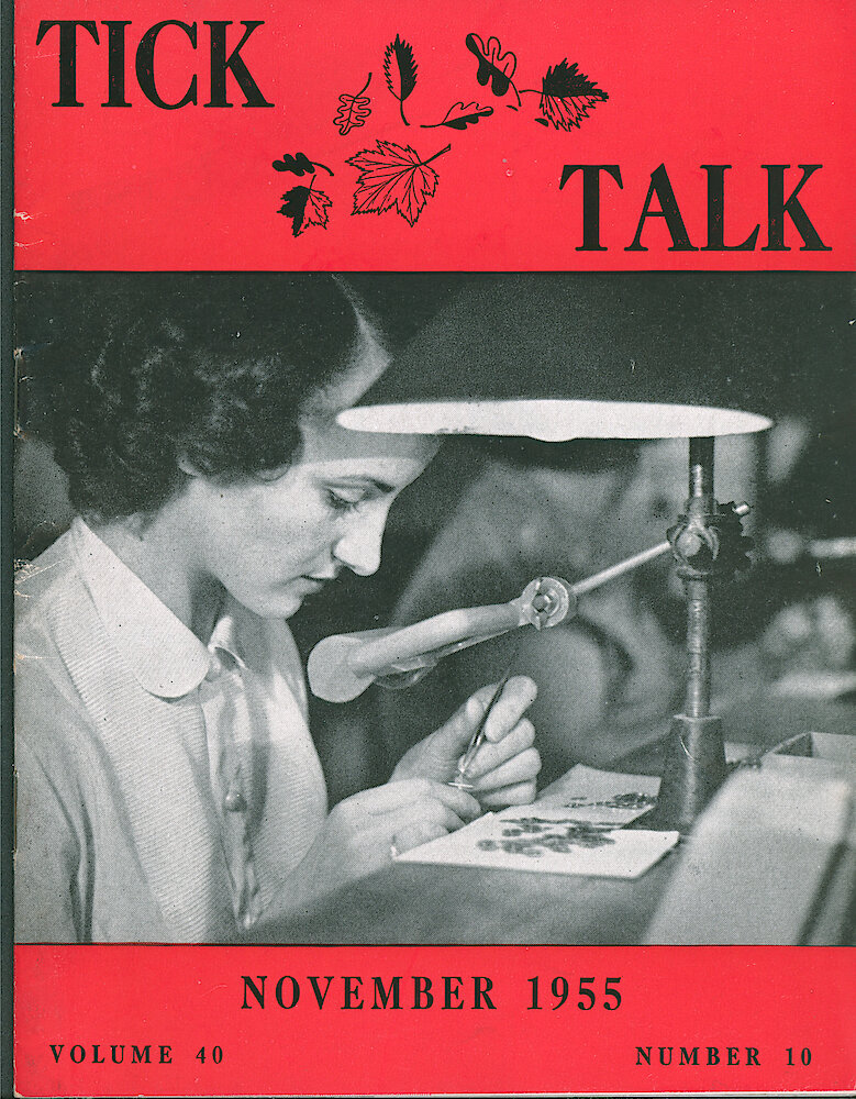 Westclox Tick Talk, November 1955, Vol. 40 No. 10 > F. Manufacturing: Elizabeth Tamborini Of The Hair Spring Department (caption On Page 1).