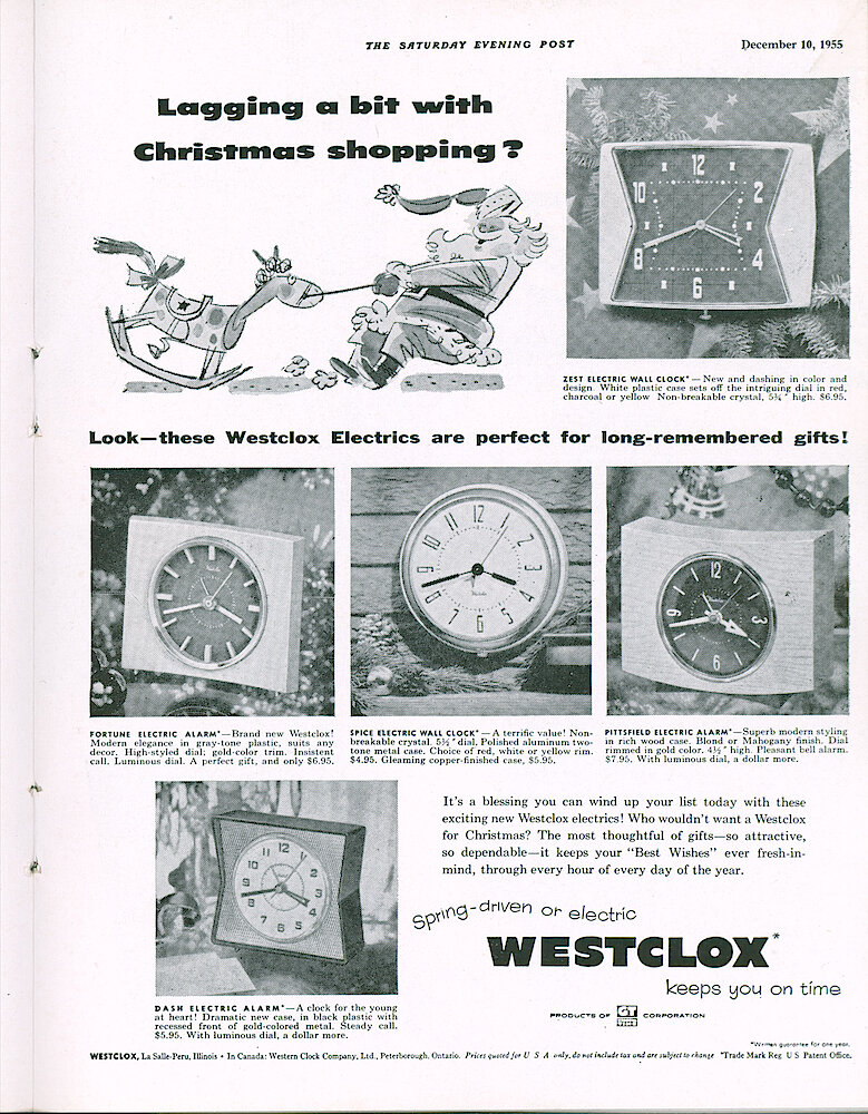 Westclox Tick Talk, December 1955, Vol. 40 Christmas Issue > 33. Advertisement: "Lagging A Bit With Christmas Shopping Look—these Westclox Are Perfect For Long-remembered Gifts. December 10, 1955 Saturday Evening Post