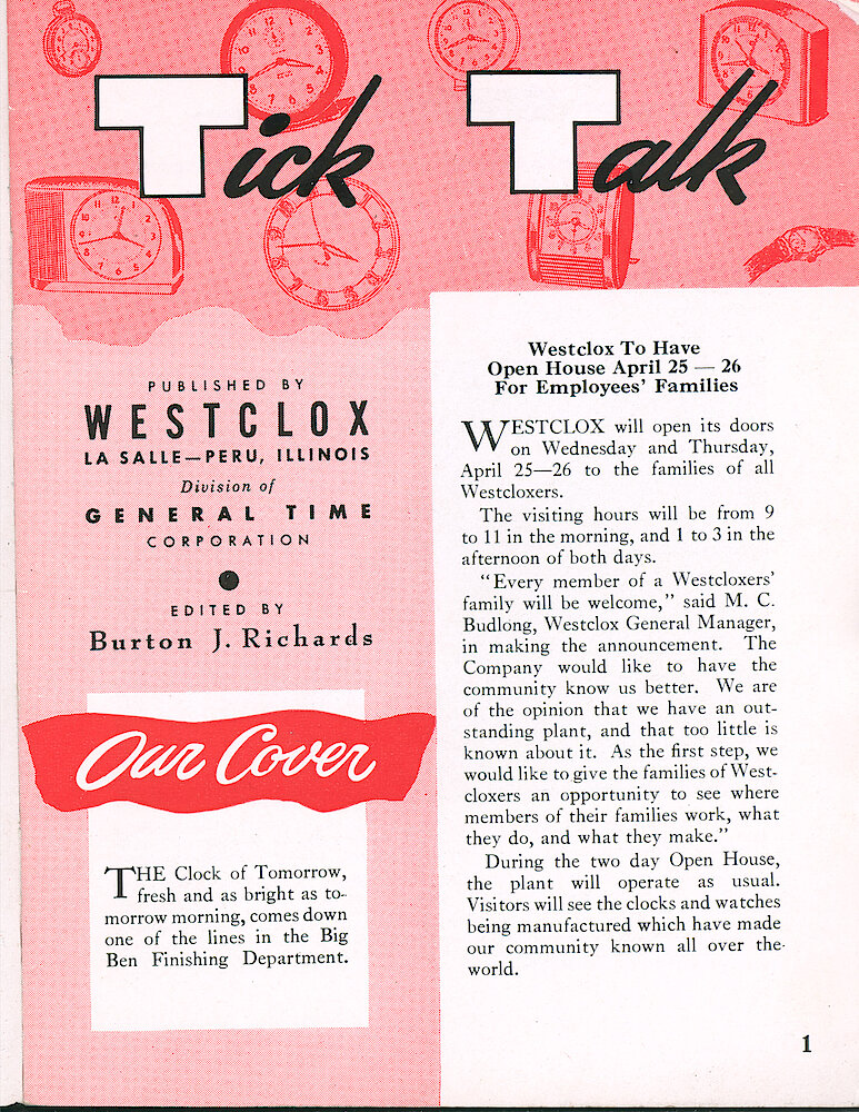Westclox Tick Talk, February 1956, Vol. 41 No. 2 > 1. Cover Caption: The Clock Of Tomorrow Comes Down One Of The Lines In The Big Ben Finishing Department.
