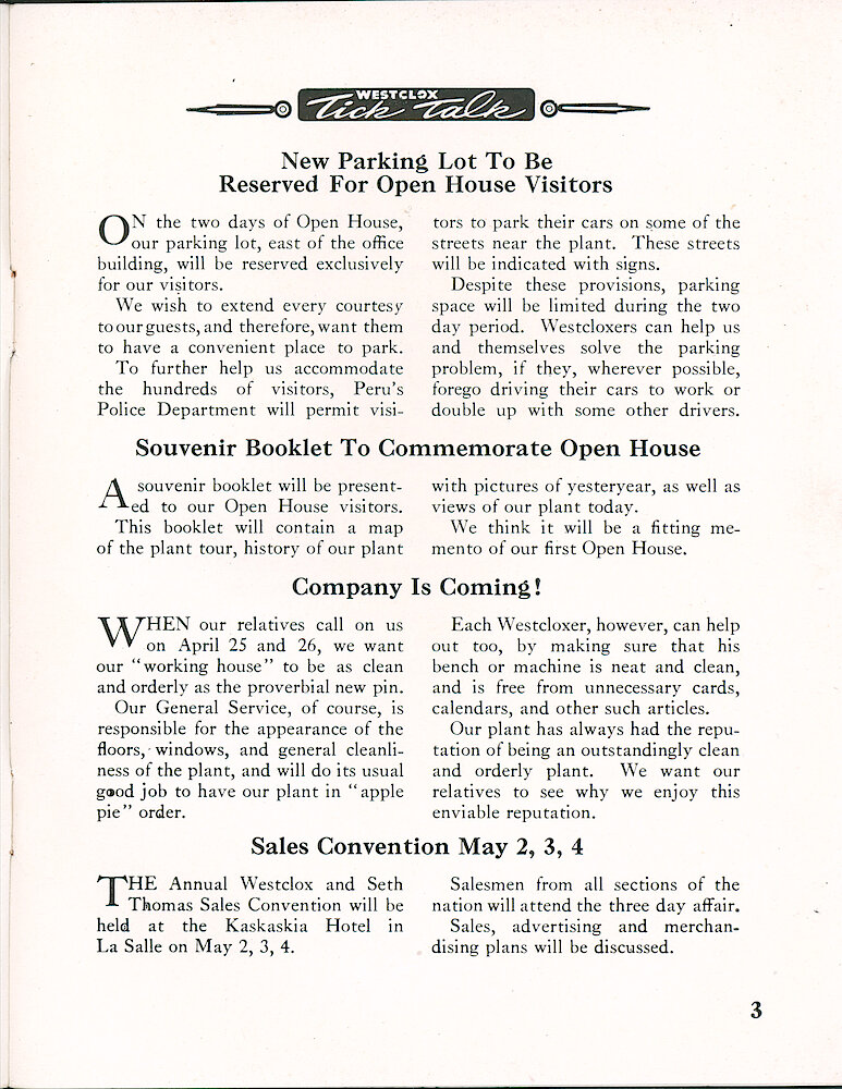 Westclox Tick Talk, March 1956, Vol. 41 No. 3 > 3. Factory: "Souvenir Book To Commemorate Open House" Factory: "Company Is Coming" April 25th And 26th.