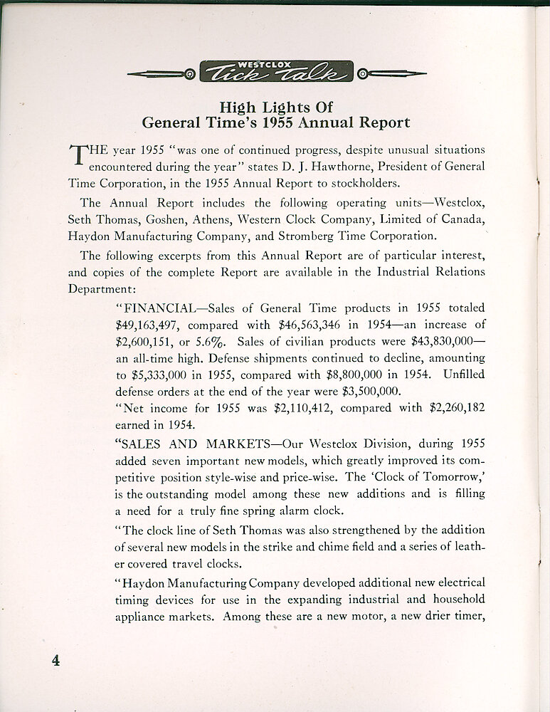Westclox Tick Talk, March 1956, Vol. 41 No. 3 > 4. Corporate: "Highlights Of General Time&039;s 1955 Annual Report"