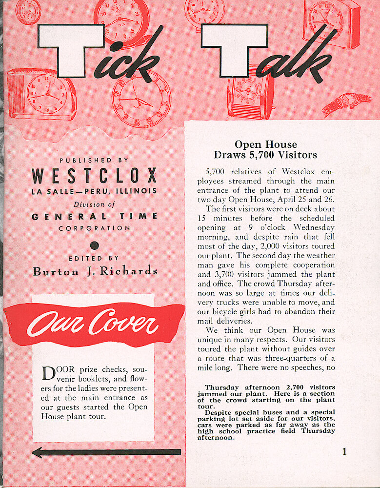 Westclox Tick Talk, May 1956, Vol. 41 No. 4 > 1. Cover Caption: Factory: Open House April 25-26, 1956.