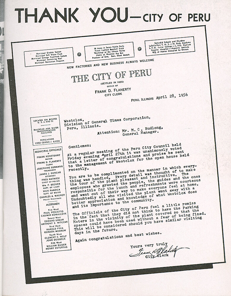 Westclox Tick Talk, May 1956, Vol. 41 No. 4 > 5. Factory: Open House April 25-26, 1956. Thank You Note From The City Of Peru.