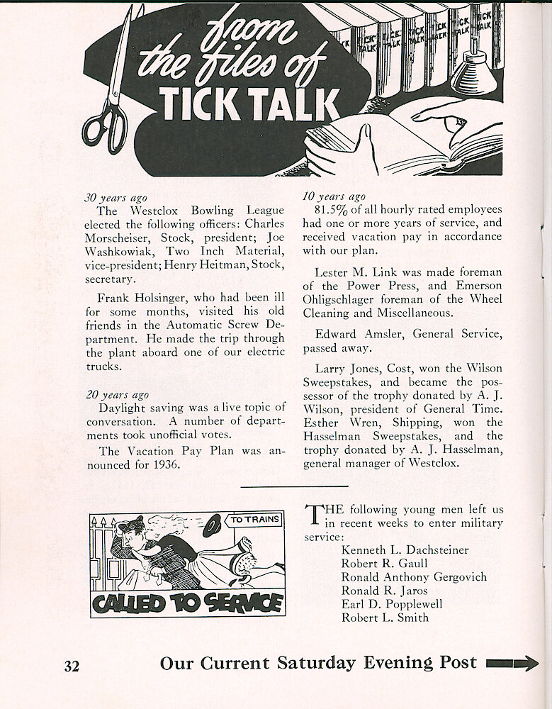 Westclox Tick Talk, May 1956, Vol. 41 No. 4 > 32. Advertisement Caption: "Our Current Saturday Evening Post Ad" Is On The Next Page.