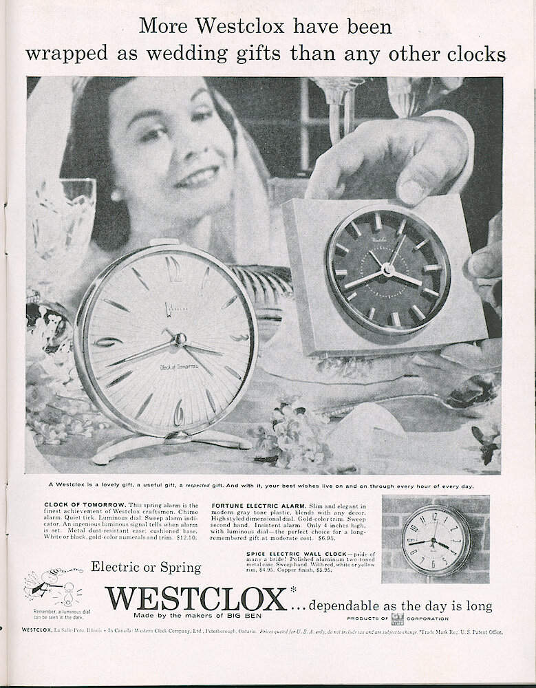 Westclox Tick Talk, May 1956, Vol. 41 No. 4 > 33. Advertisement: "More Westclox Have Been Wrapped As Wedding Gifts Than Any Other Clocks" Shows Clock Of Tomorrow, Fortune Electric Alarm And Spice Electric Wall Clock. Saturday Evening Post.