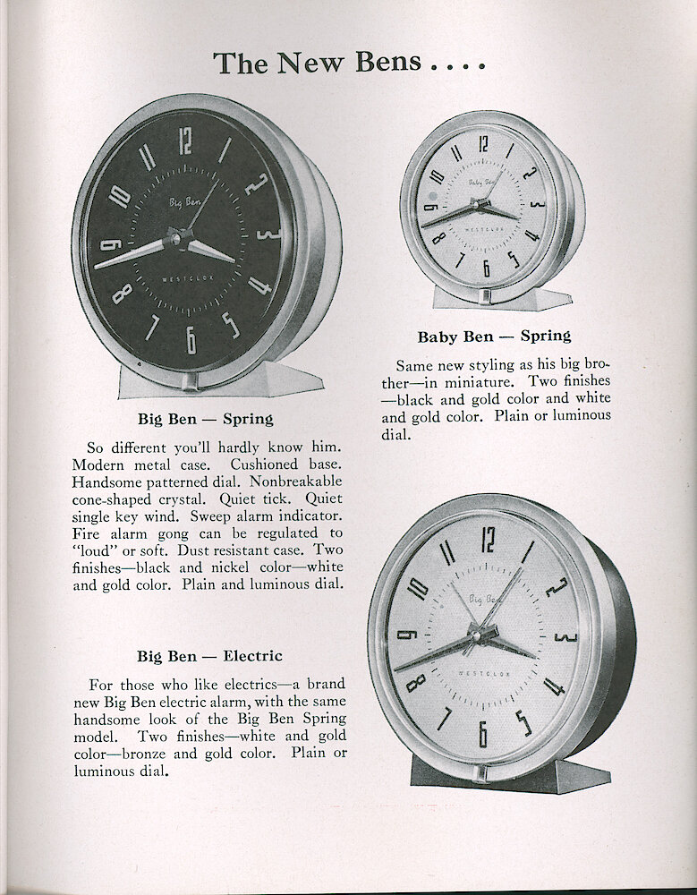 Westclox Tick Talk, May 1956, Vol. 41 No. 4 > 69. New Models: Big Ben Style 7 Windup, Baby Ben Style 7 Windup, Big Ben Style 7 Windup.