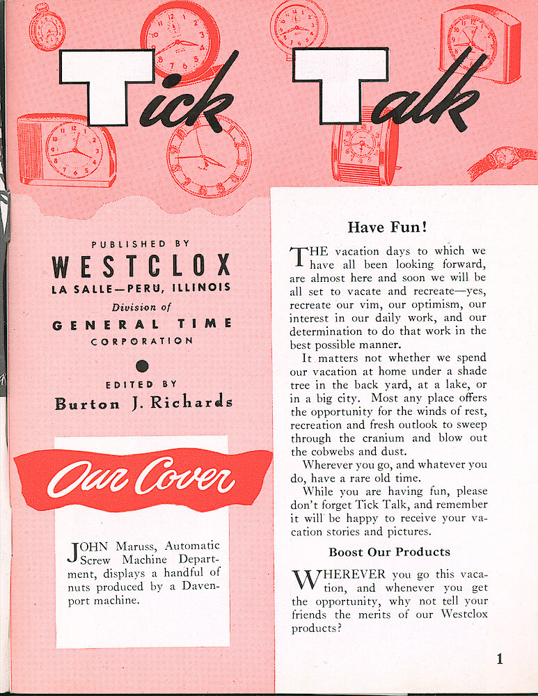 Westclox Tick Talk, JuneJuly 1956, Vol. 41 No. 5 > 1. Cover Caption: John Maruss, Automatic Screw Machine Department, Displays A Handful Of Nuts Produced By A Davenport Machine.