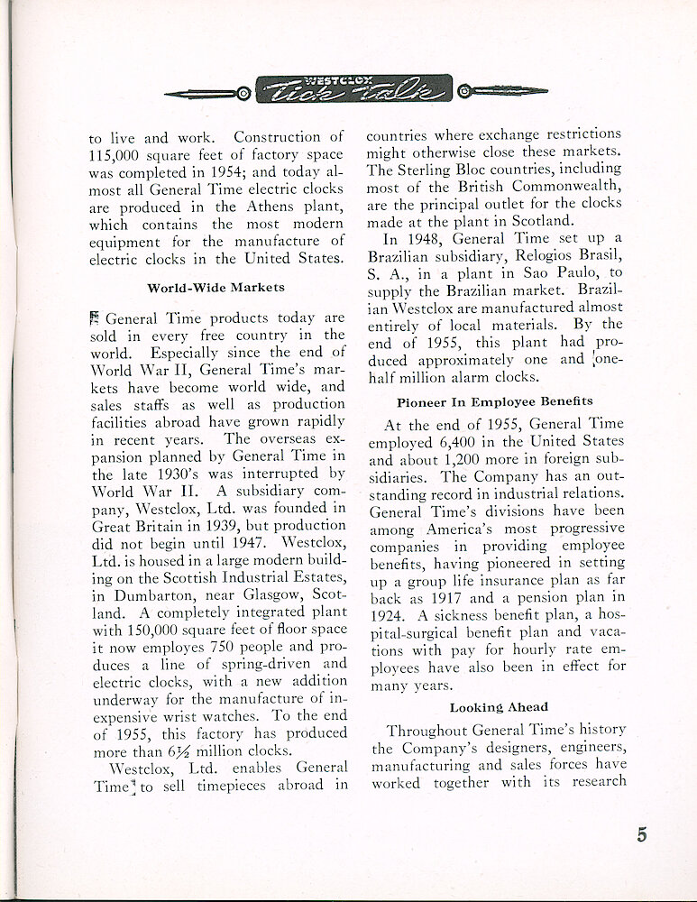 Westclox Tick Talk, JuneJuly 1956, Vol. 41 No. 5 > 5. Historical Article: "General Time Corporation&039;s Quarter Century Progress Report" World-Wide Markets, Pioneer In Employee Benefits, Looking Ahead.