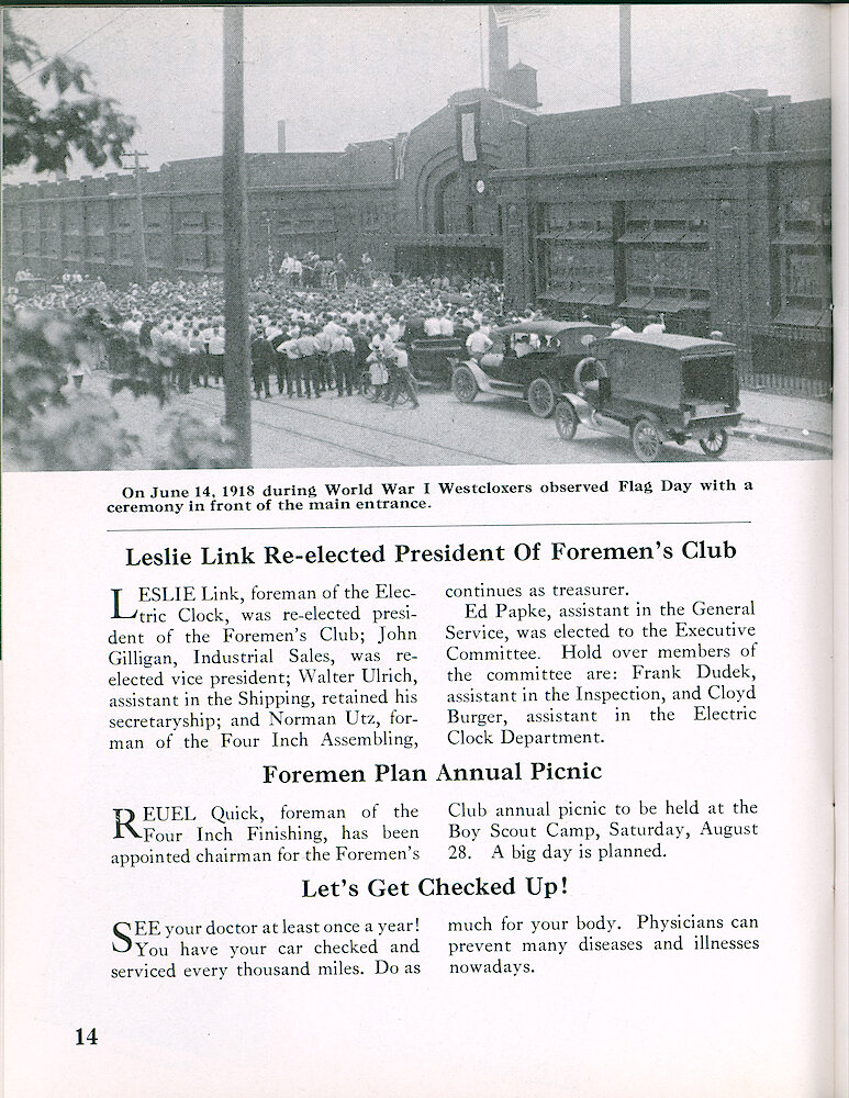 Westclox Tick Talk, JuneJuly 1956, Vol. 41 No. 5 > 14. Historical Picture: "On June 14, 1918 During World War I, Westcloxers Observed Flag Day With A Ceremony In Front Of The Main Entrance."