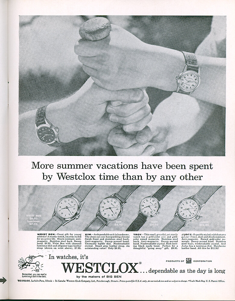 Westclox Tick Talk, JuneJuly 1956, Vol. 41 No. 5 > 17. Advertisement: "More Summer Vacations Have Been Spent By Westclox Time Than By Any Other" Shows Wrist Ben (Style 4) Plain And Luminous (charcoal Dial), Kim, Troy And Judge Wrist Watches. Saturday Evening Post.