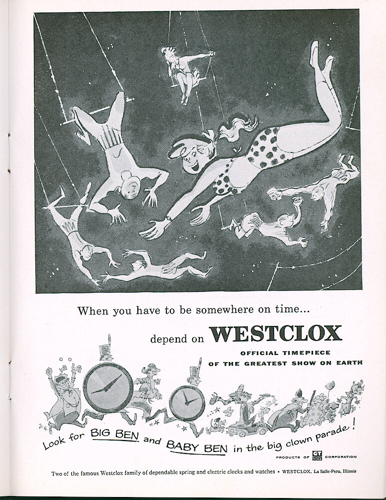 Westclox Tick Talk, JuneJuly 1956, Vol. 41 No. 5 > 25. Advertisement: "When You Have To Be Somewhere On Time . . . Depend On Westclox—Official Timepiece Of The Greatest Show On Earth"