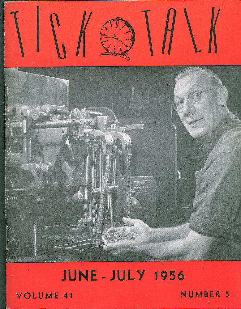 Westclox Tick Talk, JuneJuly 1956, Vol. 41 No. 5 > F. Manufacturing: John Maruss, Automatic Screw Machine Department, Displays A Handful Of Nuts Produced By A Davenport Machine (caption On Page 1).