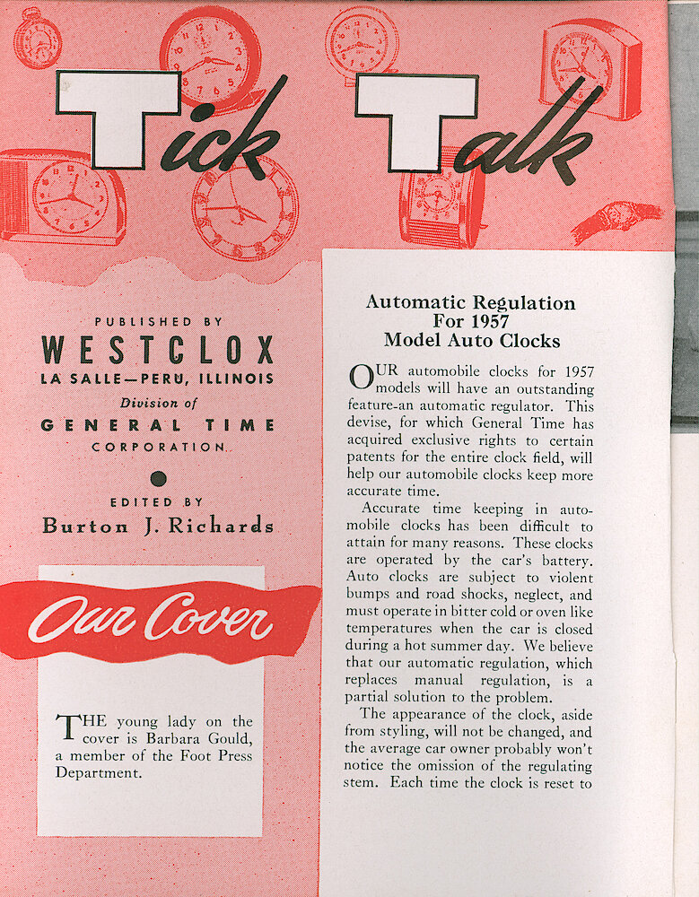 Westclox Tick Talk, August 1956, Vol. 41 No. 6 > Inside front cover. Cover Caption: Barbara Gould, A Member Of The Foot Press Department. NEW MODELS: NEW FEATURE: "Automatic Regulation For Our 1957 Auto Clocks"