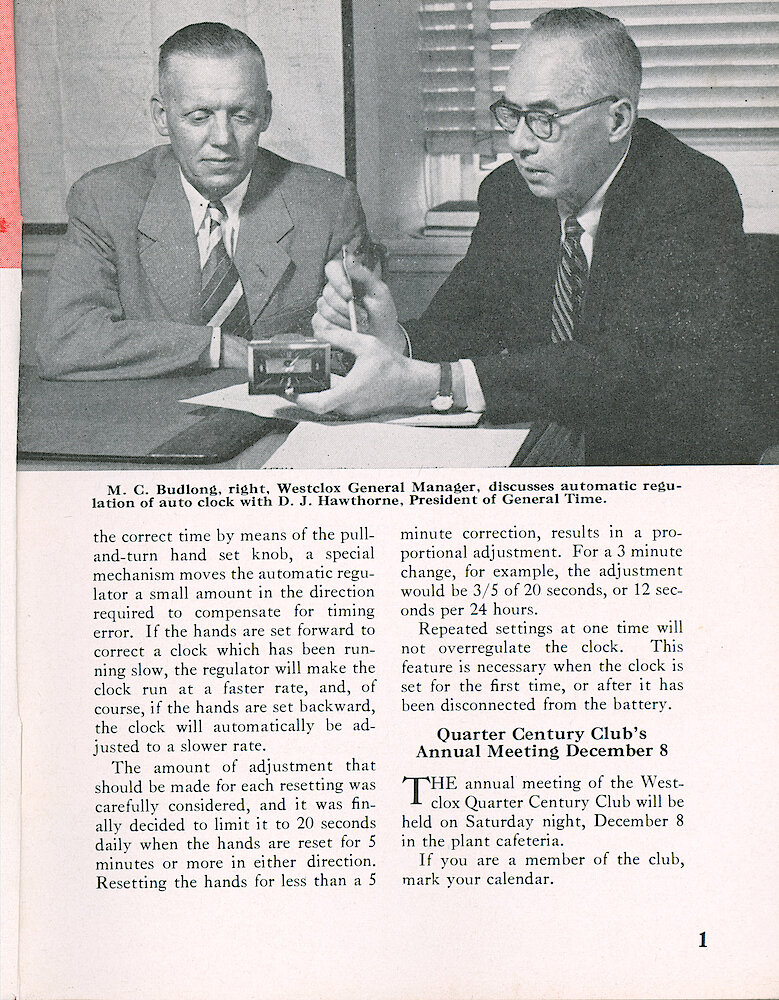 Westclox Tick Talk, August 1956, Vol. 41 No. 6 > 1. New Models: New Feature: "Automatic Regulation For Our 1957 Auto Clocks"