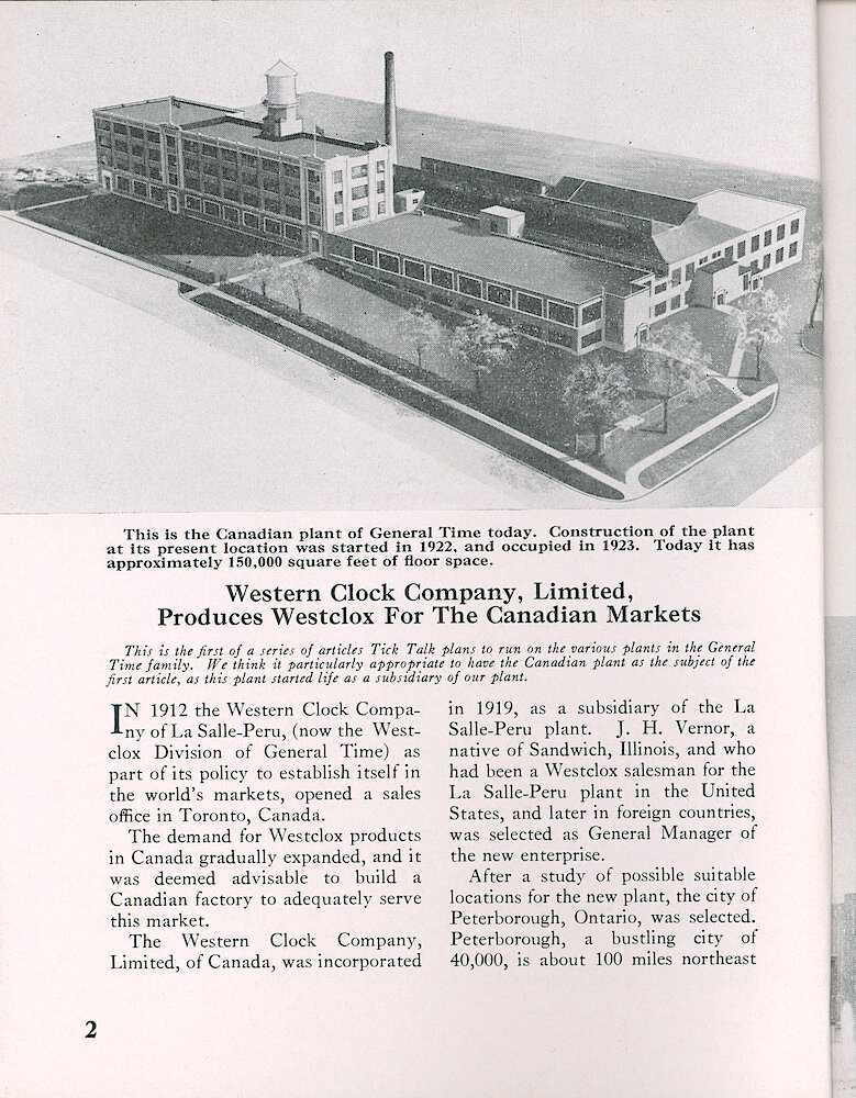 Westclox Tick Talk, August 1956, Vol. 41 No. 6 > 2. Factory: Corporate: "Western Clock Company, Limited Produces Clocks For The Canadian Market"